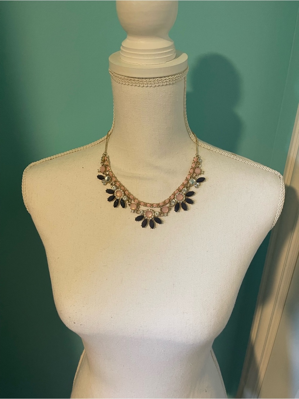 Gold Chain Necklace with Pink and Navy Stones